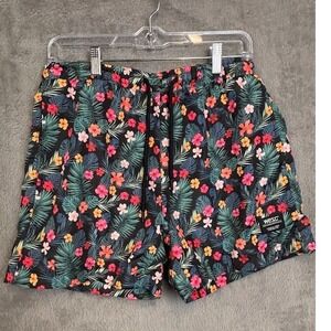 WESC Mens Tropical Floral Swim Trunks Black Pink Orange Palm Leaf Board Shorts M